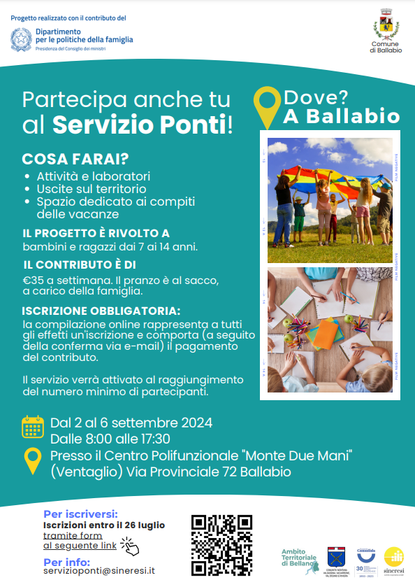 BALLABIO, DAL 2 AL 6 SETTEMBRE TORNA IL SERVIZIO PONTI PER RAGAZZI DA 7 A 14 ANNI
