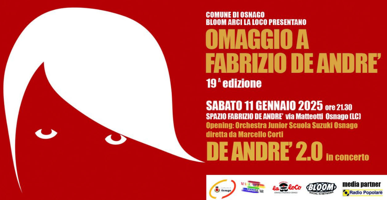OSNAGO: SABATO 11 GENNAIO CI SARÀ L’OMAGGIO A FABRIZIO DE ANDRÉ