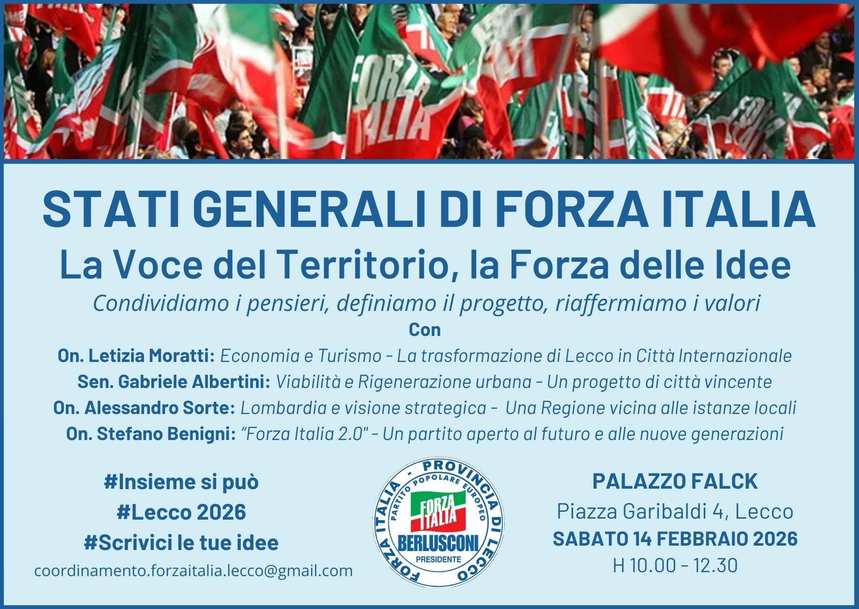FORZA ITALIA: L’EVENTO PROVINCIALE DEL 14 FEBBRAIO SI TERRÀ A PALAZZO FALCK