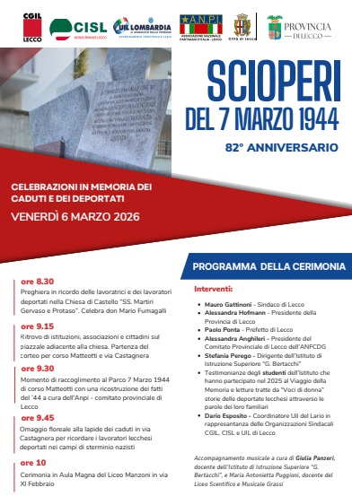 82° ANNIVERSARIO DEGLI SCIOPERI DEL 7 MARZO 1944, CELEBRAZIONI IN MEMORIA