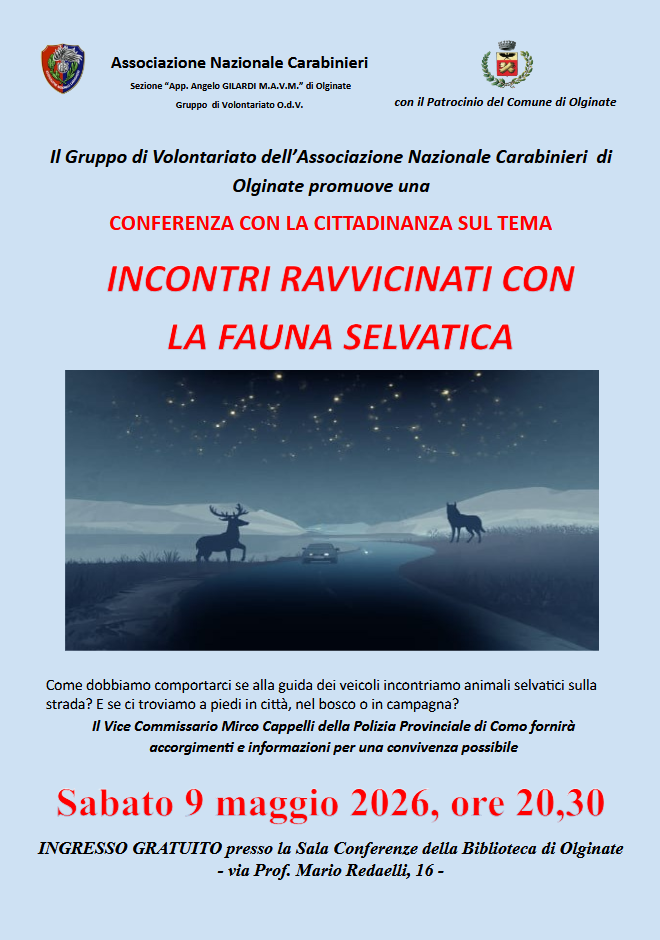 A OLGINATE IL 9 MAGGIO CONFERENZA ANC SU COSA FARE SE INCONTRIAMO ANIMALI SELVATICI PER STRADA