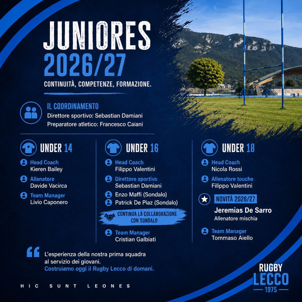 RUGBY LECCO, CONFERMATO LO STAFF JUNIORES: DE SARRO LA NOVITÀ PER L’UNDER 18