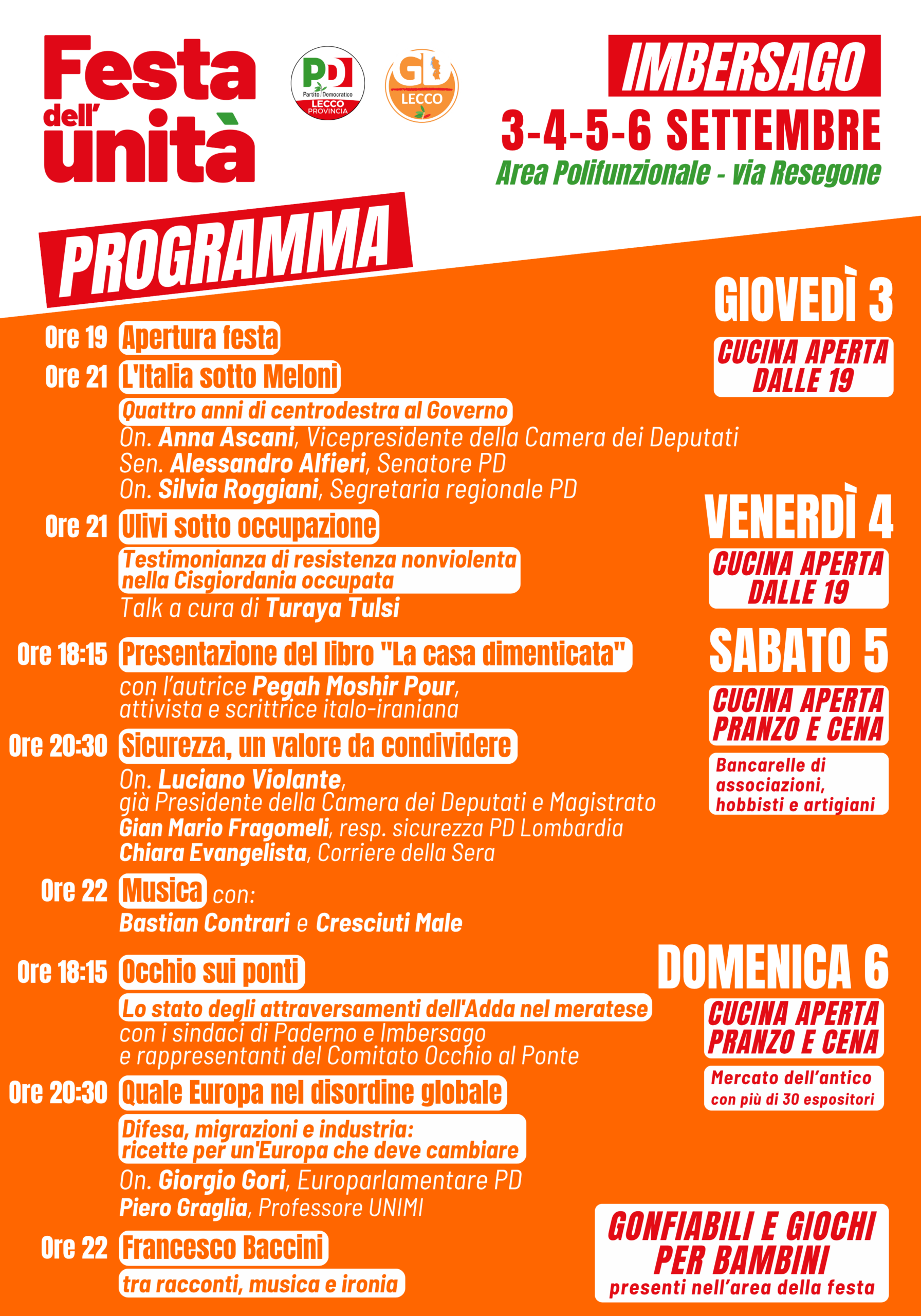 FESTA DELL’UNITÀ DI IMBERSAGO, QUATTRO GIORNI TRA POLITICA, CULTURA E MUSICA