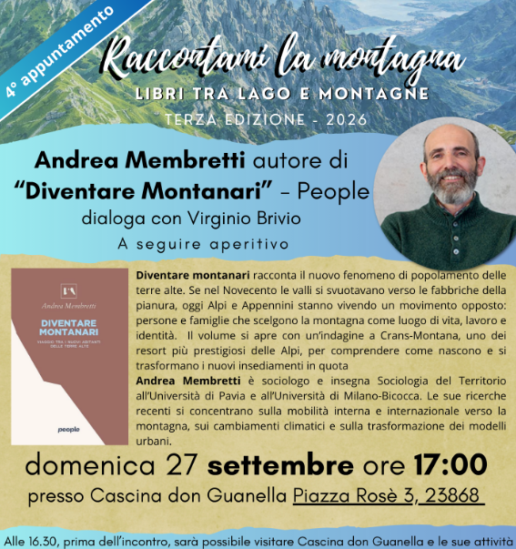 RACCONTAMI LA MONTAGNA, ANDREA MEMBRETTI PRESENTA “DIVENTARE MONTANARI” ALLA CASCINA DON GUANELLA